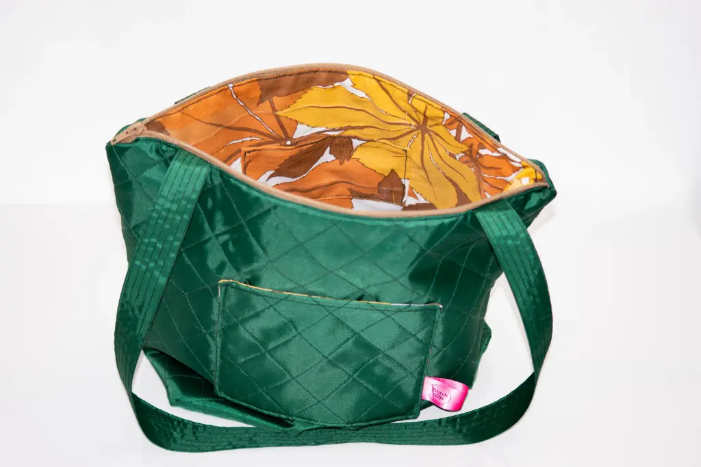 Repurposed Tent Bag - Autumnal bottle green with Leaf design lining