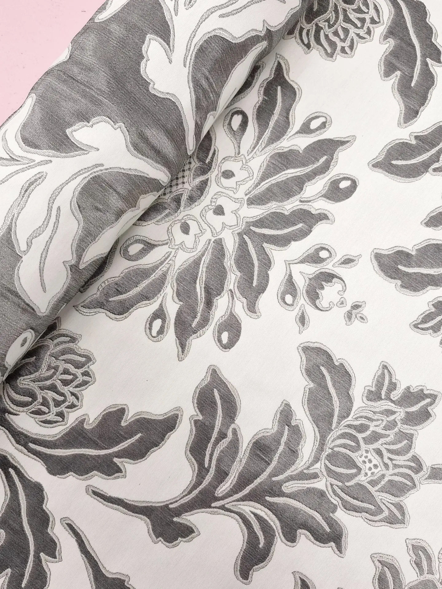 Ivory & Taupe Floral Damask Jacquard Furnishing Fabric – Woven Ornamental Design