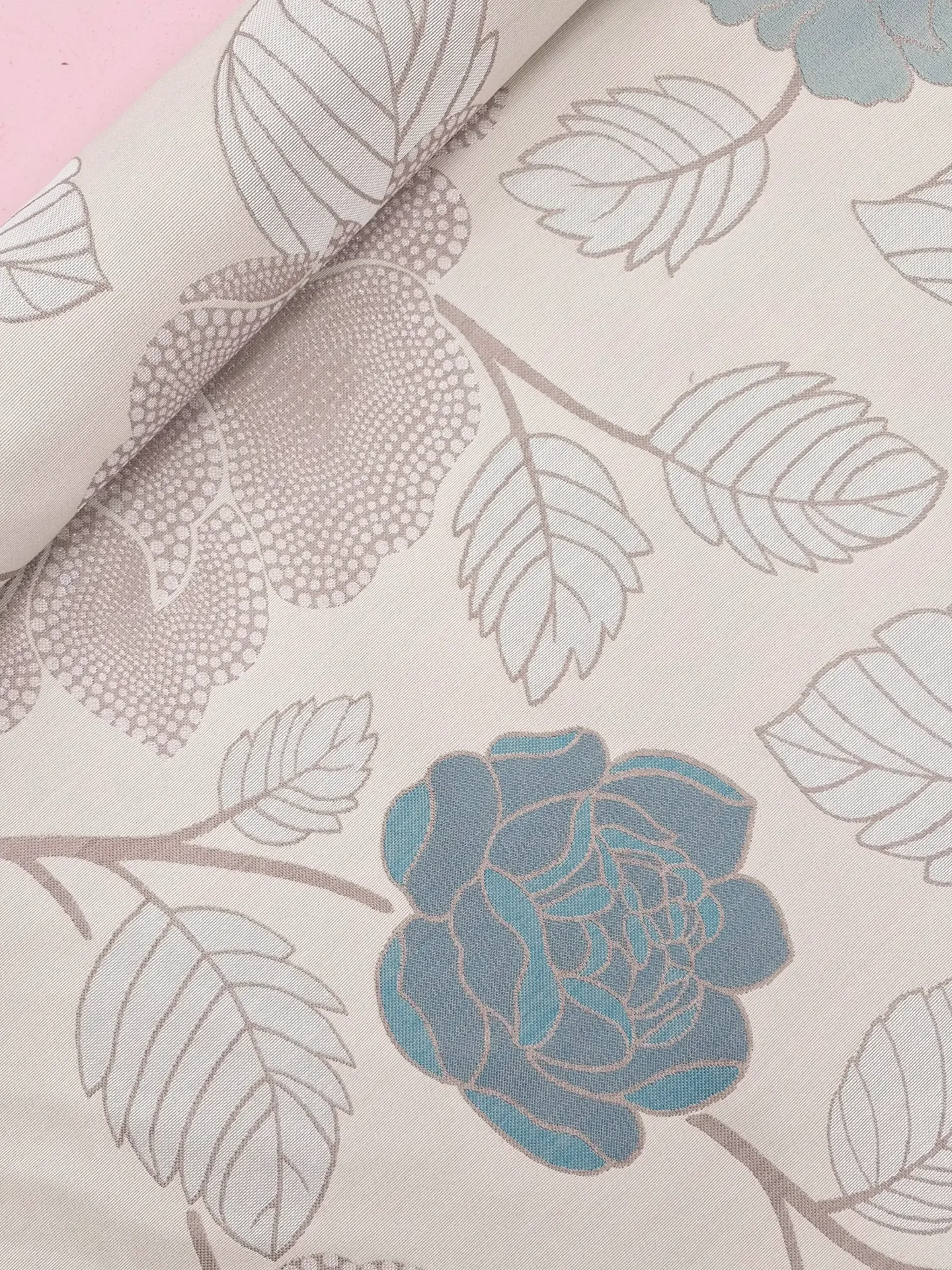Floral Jacquard Furnishing Fabric - Cream, Dusty Teal & Taupe
