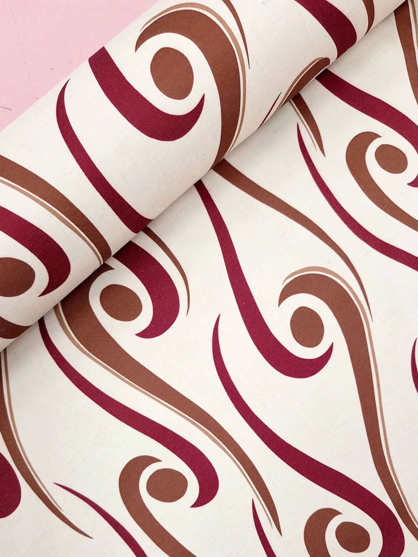 Patterned Blackout Fabric – Burgundy & Brown Swirl Design